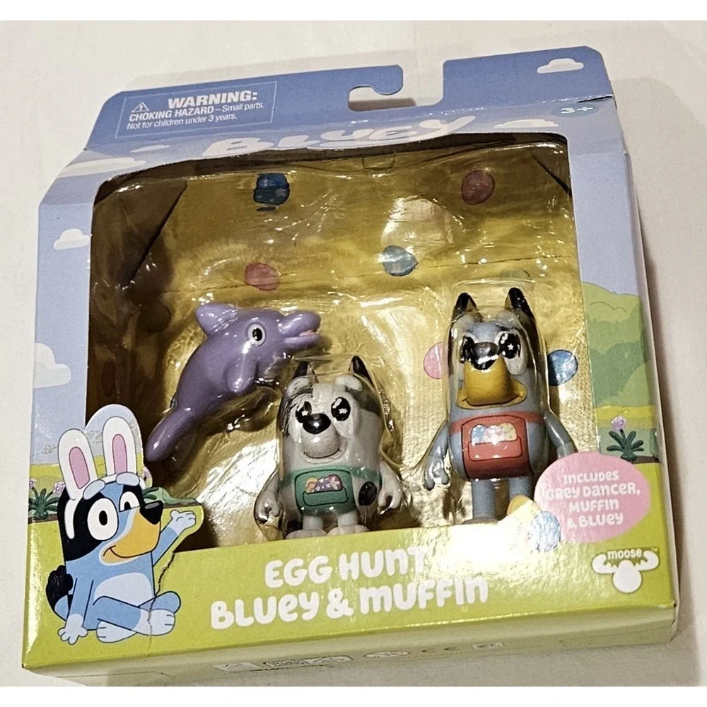 NIB Bluey Egg Hunt Bluey & Muffin Figure Set Moose Toys Easter Bunny Set w/ Box